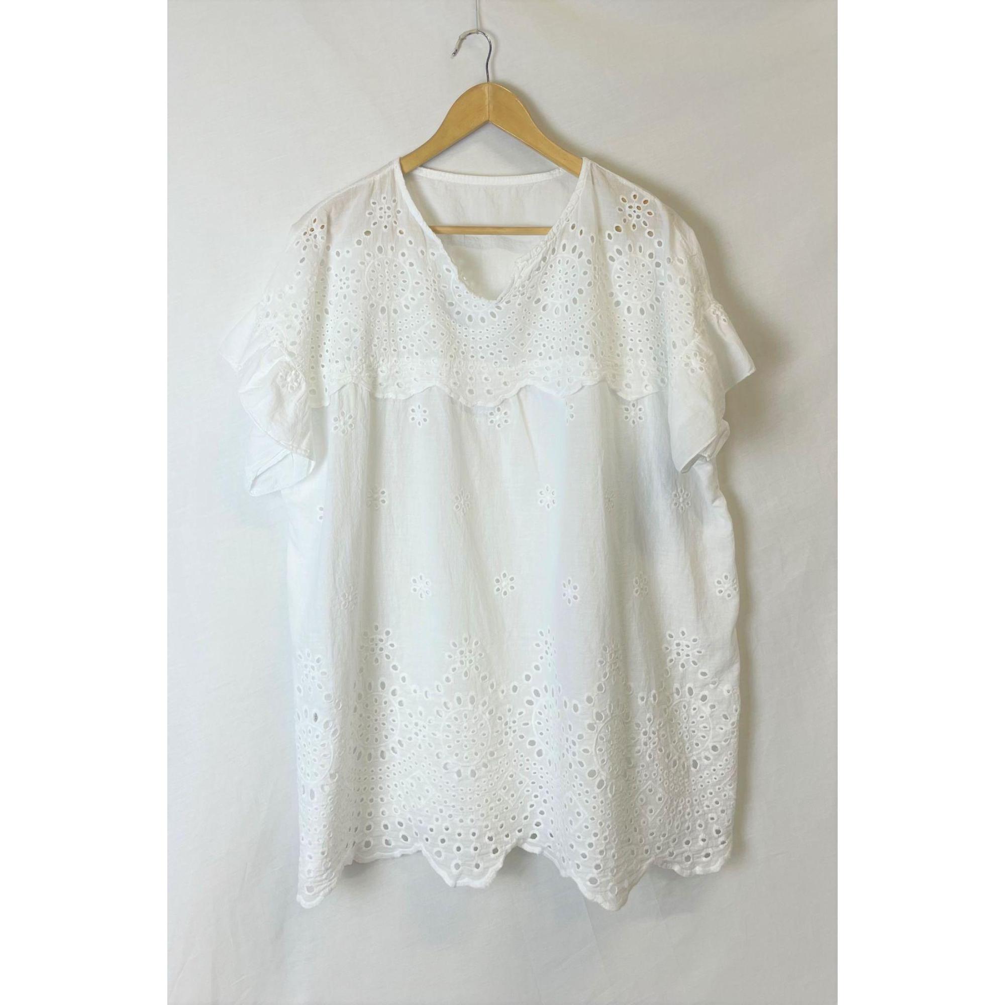 Italy Style Bluse M. V-Hals Broderi Anglaise Hvid