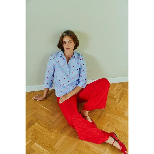 Freequent Rosan Bluse Blå Hvid Stribet M. Rød-Pink Hjerter