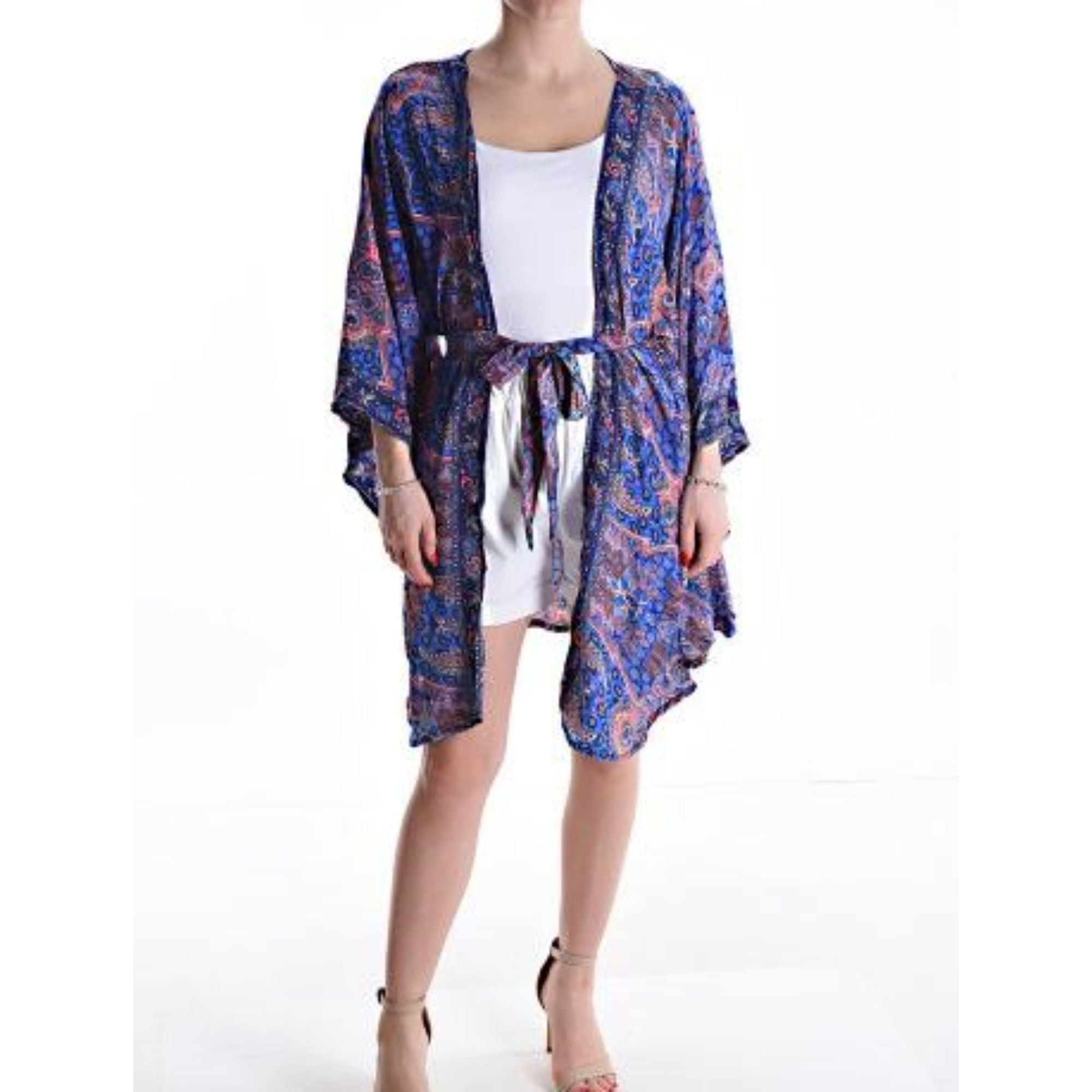 Italy Style Kort Silke Kimono Blå Mix