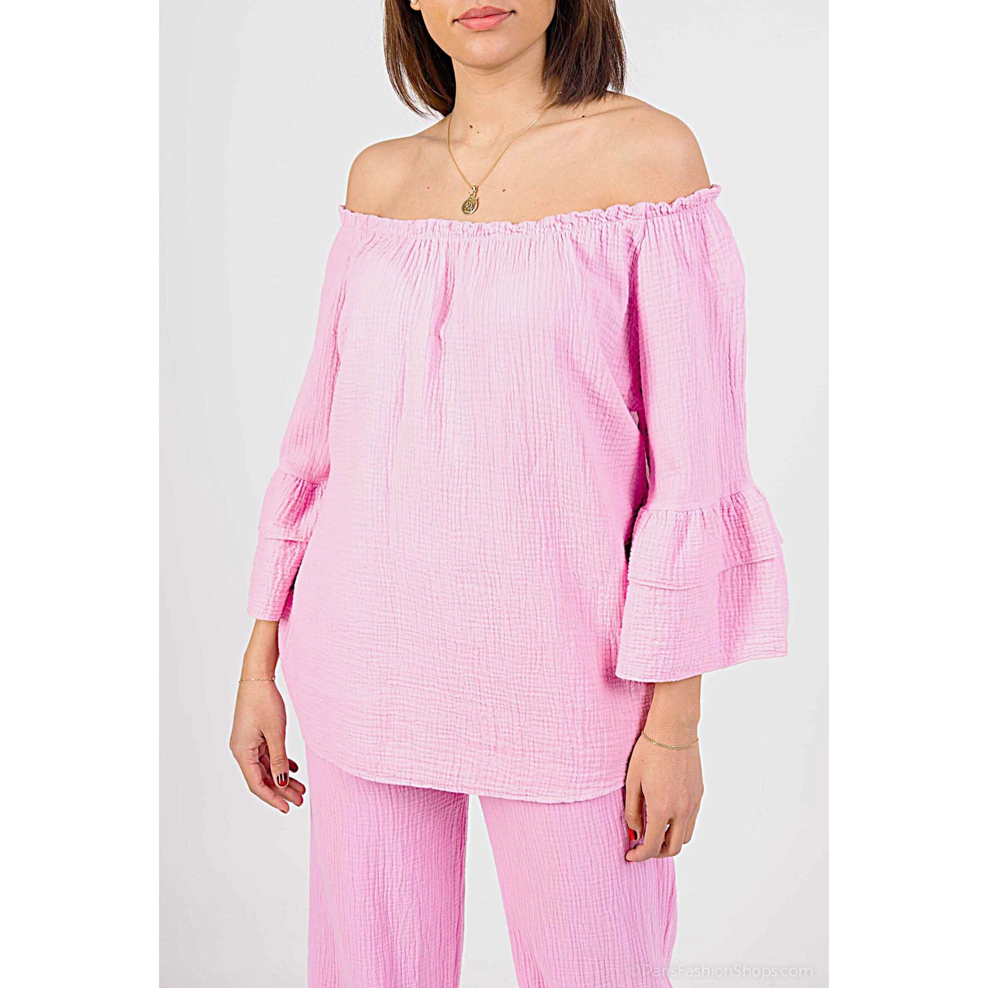 Italy Style Bluse Bomuld M. Flæse Ærme Lys Pink