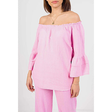 Italy Style Bluse Bomuld M. Flæse Ærme Lys Pink