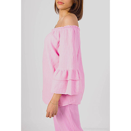 Italy Style Bluse Bomuld M. Flæse Ærme Lys Pink