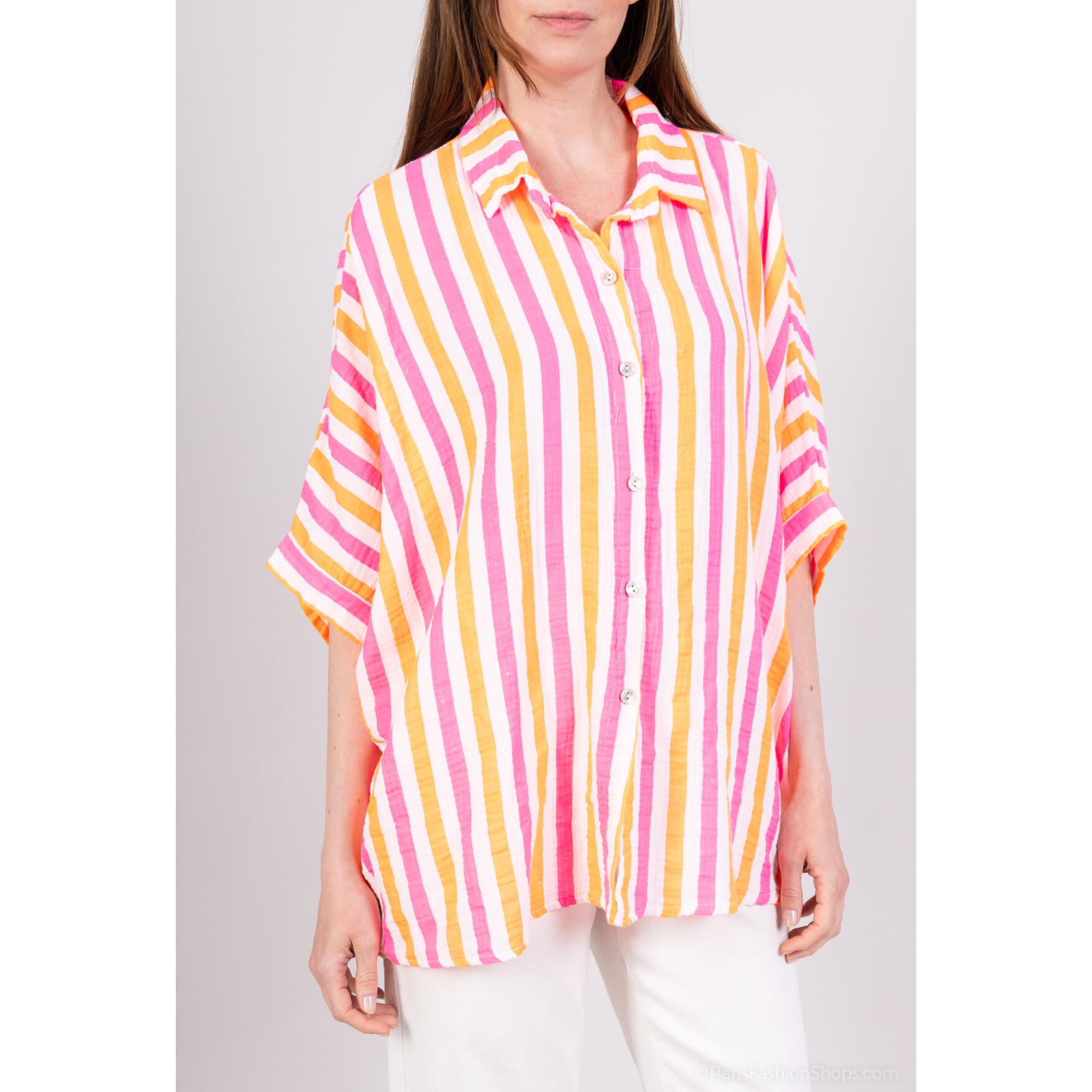 Italy Style Bluse Oversize Stribet Hvid Orange Pink