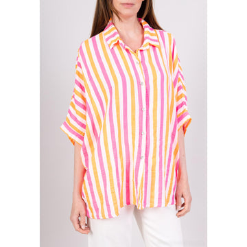 Italy Style Bluse Oversize Stribet Hvid Orange Pink