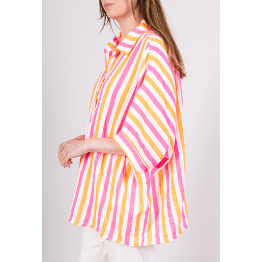 Italy Style Bluse Oversize Stribet Hvid Orange Pink