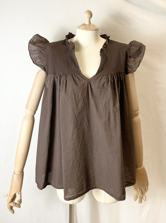 Italy Style Kortærmet Bomulds Bluse Brun