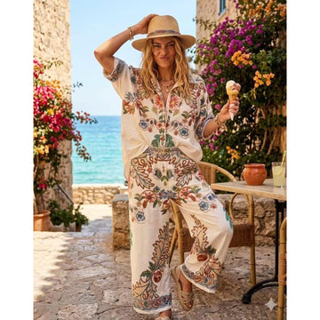 Italy Style Oversize Bluse Ecru M. Trykt Mønster