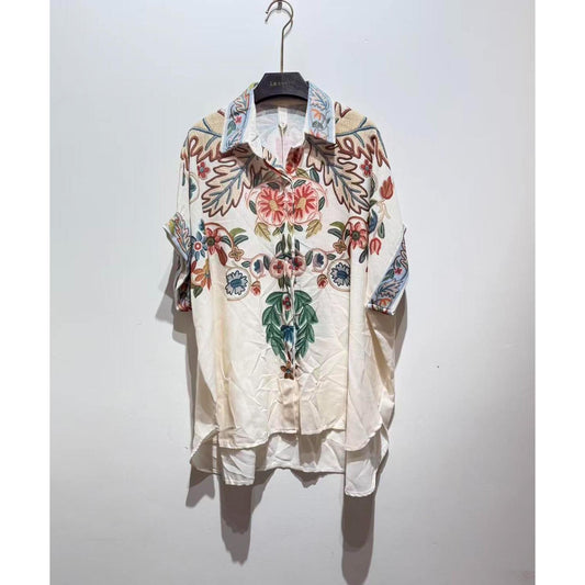 Italy Style Oversize Bluse Ecru M. Trykt Mønster