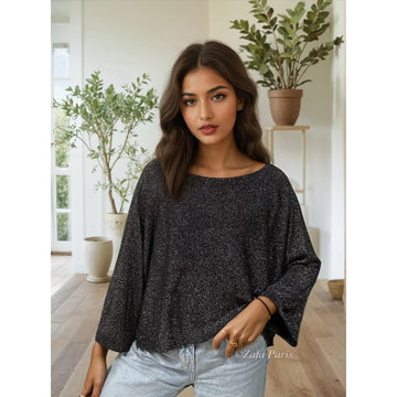 Italy Style Kort Glimmer Strik Sort Sølv