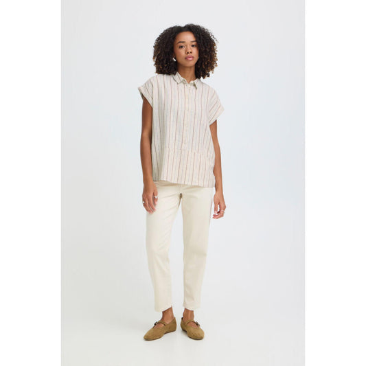 ICHI Linno Bluse Beige Stribet