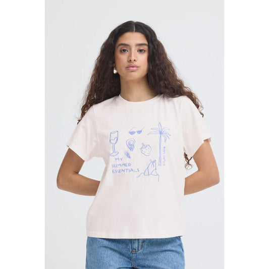 ICHI Novola T-Shirt offwhite M. Blå Broderi