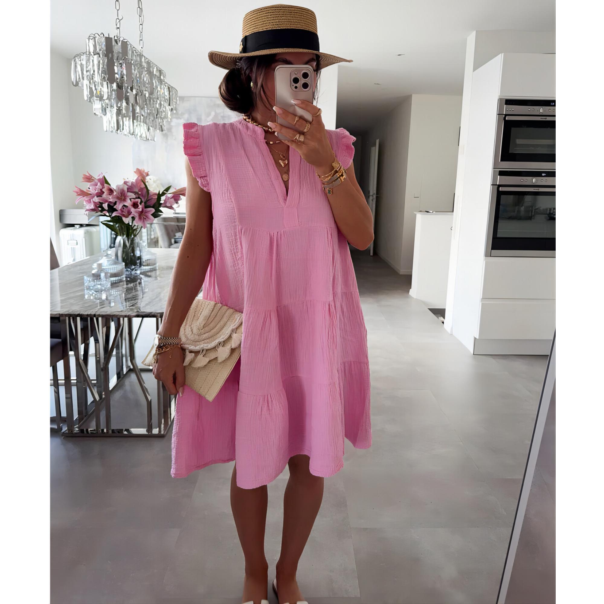 Italy Style Kort Tunika Kjole M. Flæseærme Pink