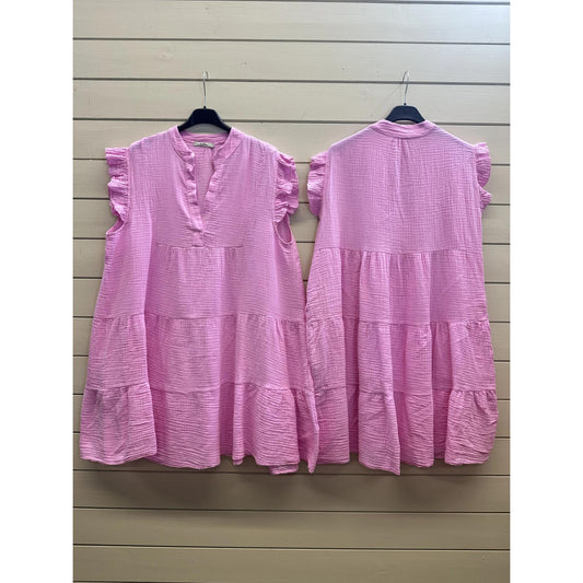 Italy Style Kort Tunika Kjole M. Flæseærme Pink