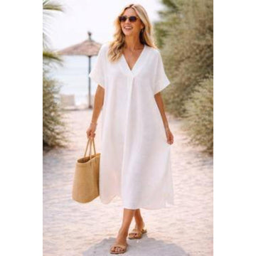Italy Style Bomulds Kaftan Kjole M. V-Hals Hvid