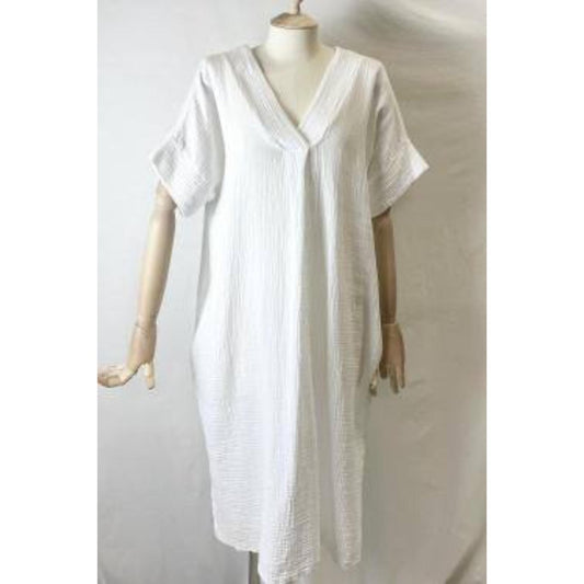 Italy Style Bomulds Kaftan Kjole M. V-Hals Hvid