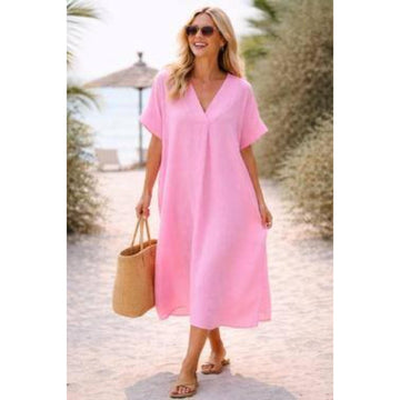 Italy Style Bomulds Kaftan Kjole M. V-Hals Pink