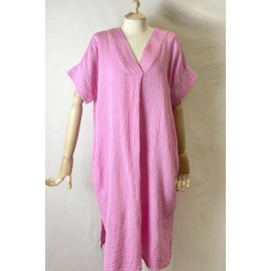 Italy Style Bomulds Kaftan Kjole M. V-Hals Pink