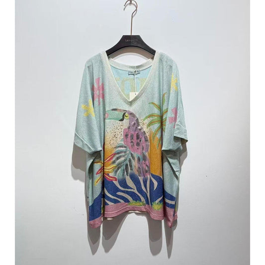 Italy Style Oversize Bluse M. Papegøje Mønster